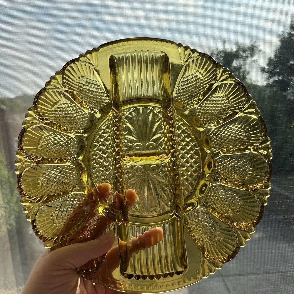 Vintage L.E. Smith Deviled Egg Relish Tray Platter Plate Honey Amber 10.75”